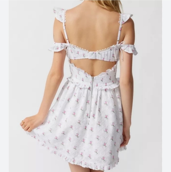 For Love And Lemons White With Delicate Pink Roses Smocked Mini Dress Sz XS - Picture 3 of 11